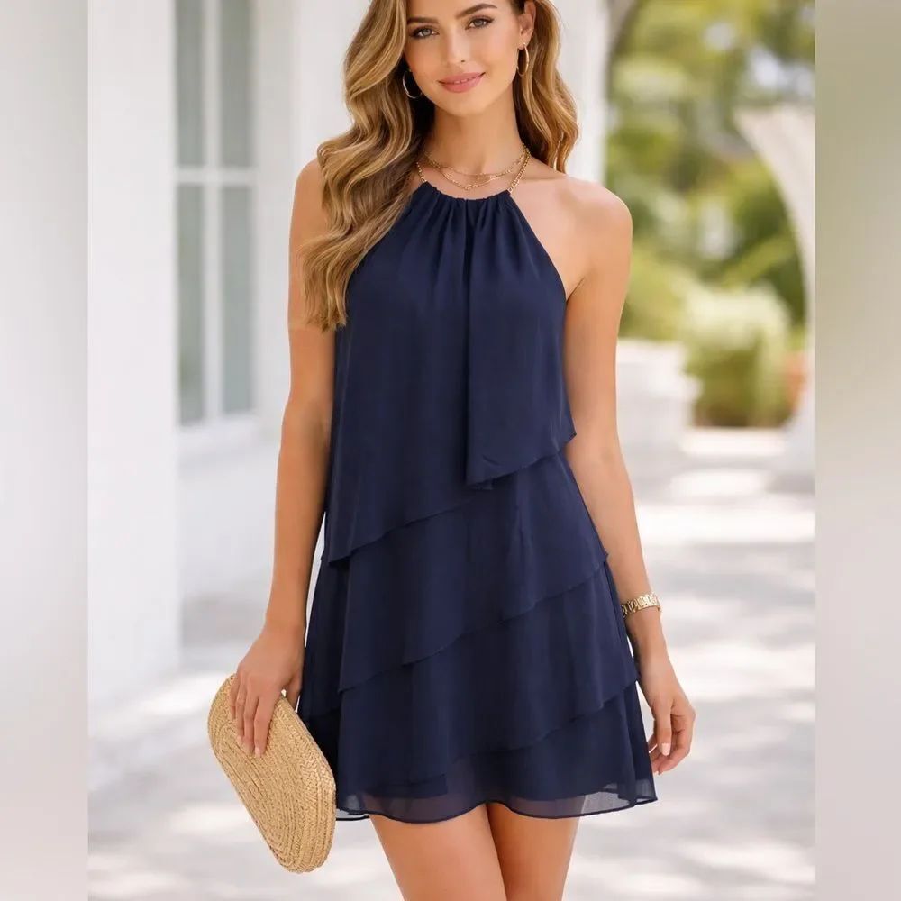 Betsey & Adams Halter Dress Dark Blue Gemstone Neckline Party Wedding SZ 10